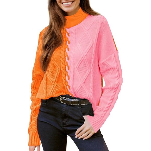 Women's Colorblock Cable Knit Jumper Long Sleeve Mock Neck Casual Top - Picture 2 of 8